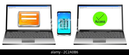 Ordinateur portable et smartphone avec authentification à deux facteurs - illustration 3D Banque D'Images