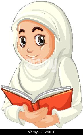 Arabe musulmane fille dans les vêtements traditionnels en lecture position de livre isolé sur fond blanc illustration Illustration de Vecteur
