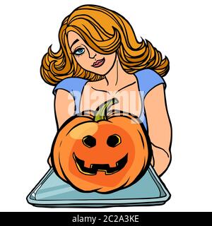 À l'Halloween, invite la femme est titulaire d'un bac pumpkin Jack. comic cartoon retro pop art dessin illustration vectorielle Banque D'Images