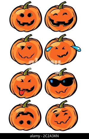 Sourire Emoji plaisanterie drôle Halloween citrouille set collection. comic cartoon retro pop art dessin illustration vectorielle Banque D'Images