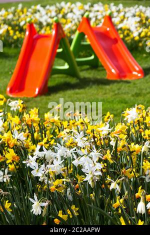 Magnifique terrain de jeux orange pour les petits enfants dans le jardin de printemps frais avec herbe verte et fleurs de jonquilles Banque D'Images