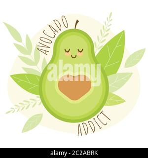 Carte vectorielle mignonne avec avocat. Kawaii concept pour t-shirts avec avocat, coeur et feuilles. Illustration de Vecteur