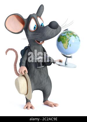 Le rendu 3D d'un sourire mignon cartoon souris avec un chapeau, un appareil photo et son sac à dos comme un touriste. Il est à la recherche d'un globe terrestre, prêt à décider où Banque D'Images