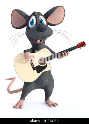 Le rendu 3D d'un sourire mignon cartoon souris jouant une guitare classique acoustique. Arrière-plan blanc. Banque D'Images