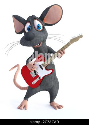 Le rendu 3D d'un sourire mignon cartoon souris jouant une guitare électrique. Arrière-plan blanc. Banque D'Images