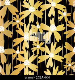 Fleurs dorées sur motif vectoriel sans couture noir. Fond floral noir doré métallisé. Fleurs répétées sur toile de fond rayée. Utilisez pour Illustration de Vecteur