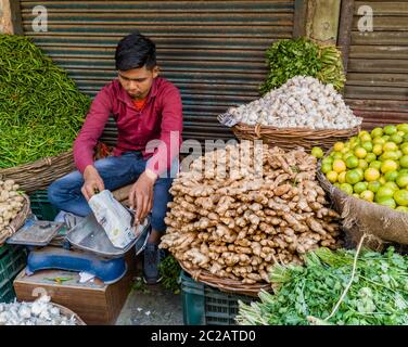 Éditorial, daté du 20 mars 2020, lieu- dehradun uttarakhand India. Un jeune venteur de légumes indien. Banque D'Images