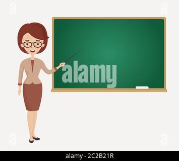 Un jeune professeur avec pointeur se tient au tableau noir. Adorable personnage féminin sur fond blanc. Cours d'école ou d'université. Illustration de dessin animé vectoriel. Illustration de Vecteur