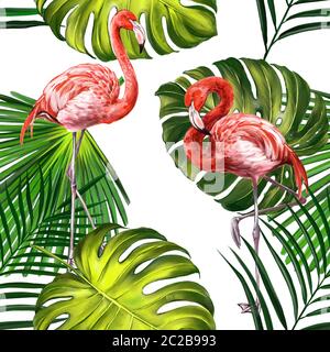 Flamants avec feuilles tropicales, beau motif floral d'été sans couture, fond, textures, textile, illustration d'art peint avec aquarelles. Banque D'Images