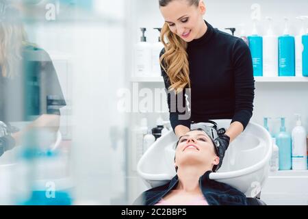 Coiffure artisan avec diligence le lavage des cheveux de femme client Banque D'Images