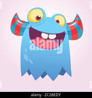 Mignon joli monstre de dessin animé avec des cornes. Monstre souriant avec grande bouche. Illustration du vecteur Halloween Illustration de Vecteur