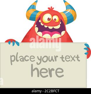 Adorable personnage de mascotte de dessin animé Little Red Monster tenant UN signe vierge. Illustration vectorielle isolée sur fond blanc Illustration de Vecteur