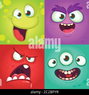 Ensemble de visages de monstre de dessin animé. Ensemble vectoriel de quatre visages de monstre d'Halloween avec des expressions différentes. Illustrations de livres pour enfants ou décorations de fête Illustration de Vecteur