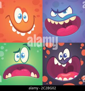 Ensemble de visages de monstre de dessin animé. Ensemble vectoriel de quatre visages de monstre d'Halloween avec des expressions différentes. Illustrations de livres pour enfants ou décorations de fête Illustration de Vecteur