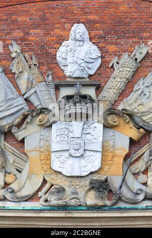 COPENHAGUE, DANEMARK - 22 JUIN 2019 : Bâtiment historique du Ministère des Finances, relief de la façade Banque D'Images