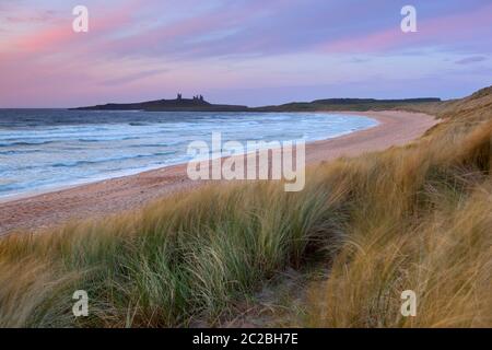 Lever du soleil sur la baie d'Embleton et les ruines du château médiéval de Dunstanburgh, Alnwick, Northumberland, Angleterre, Royaume-Uni, Europe Banque D'Images