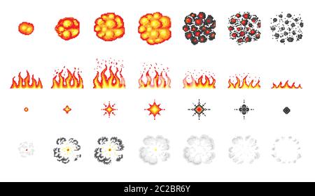 Explosion nucléaire. Pixel art 8 bits incendie d'objets. Icônes de jeu définies. Effets de flamme de rampe comique. Explosion explosion explosion explosion de la dynamite Flash avec de la fumée. Icônes numériques Illustration de Vecteur