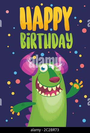 Carte d'anniversaire amusante à motif monstre vert. Illustration vectorielle. Affiche de design pour la fête Illustration de Vecteur