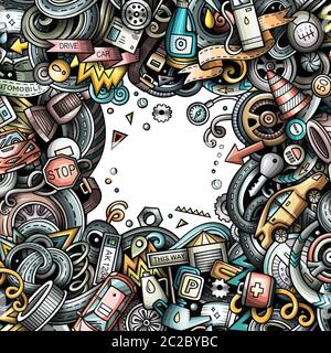 Dessin animé dessin animé griffonne cadre véhicule. Bordure avec symboles et éléments de voiture Illustration de Vecteur