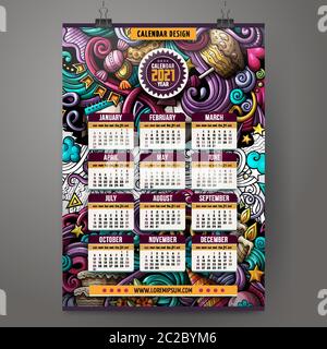Dessin animé coloré dessin main dessins modèles de calendrier des fêtes 2021 ans. Illustration de Vecteur