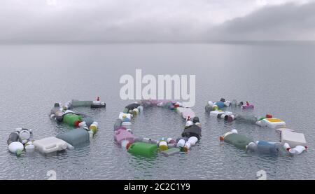 Mot SOS composé de récipients et de bouteilles en plastique sur une surface de mer calme ou d'océan. Composition conceptuelle créative de décharge dans l'eau et env Banque D'Images