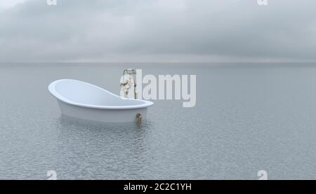 Une baignoire de style classique flotte sur la surface d'une mer calme ou d'un océan par temps brumeux. Illustration créative conceptuelle avec espace de copie. 3D ren Banque D'Images