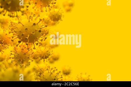 2019-nCoV coronavirus respiratoire chinois. Vue microscopique de la cellule virale Covid-19 sur fond jaune. Illustration monochrome. Conce créatif Banque D'Images
