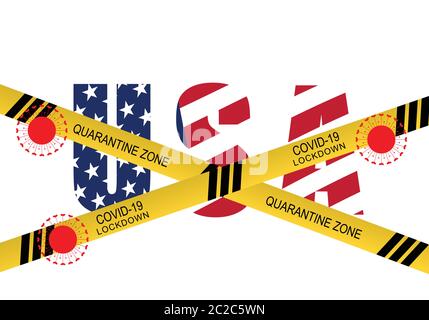 Concept de confinement des États-Unis d'Amérique contre les virus Covid-19 ou corona 2019 épidémie pandémique. Bande jaune sur le texte des États-Unis. Illustration vectorielle. Illustration de Vecteur
