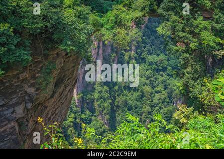 Vue à partir de la plate-forme panoramique sur le Tian Qiao ou le plus grand pont naturel dans la zone panoramique de Yuanjiajie, Zhangjiajie Forest Park, dans la province de Hunan, Ch Banque D'Images