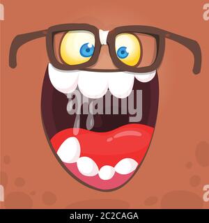 Visage de monstre en colère, dessin animé, portant des lunettes. Avatar carré monstre Halloween Vector Illustration de Vecteur