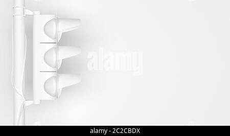 Feu de circulation monochrome blanc unique en vue latérale sur fond blanc. Illustration conceptuelle créative avec espace de copie. Rendu 3D. Banque D'Images