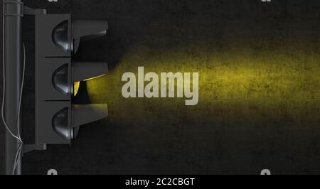 Vue de côté du feu de circulation unique la nuit. Le feu de circulation projette la lumière sur un mur noir. Illustration conceptuelle créative avec espace de copie. Banque D'Images