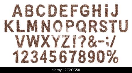 Alphabet Café, font fabriqués à partir de fèves de café torréfié, isolé sur fond blanc Banque D'Images