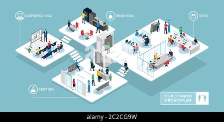 Distanciation sociale sur le lieu de travail : intérieurs isométriques des bureaux d'affaires et mesures de sécurité pour prévenir la contagion du coronavius covid-19 Illustration de Vecteur