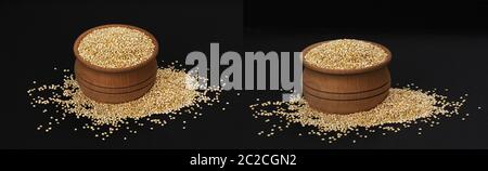 Les graines de quinoa. Bol de céréales quinoa blanc sain isolé sur fond noir, close-up Banque D'Images