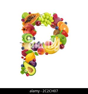 Lettre P faite de fruits et baies différents, police de fruits isolée sur fond blanc Banque D'Images