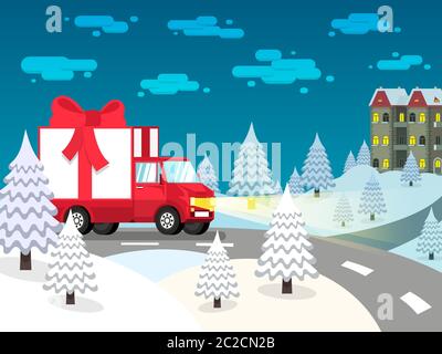 Un camion est chargé d'une boîte cadeau avec un arc rouge Illustration de Vecteur