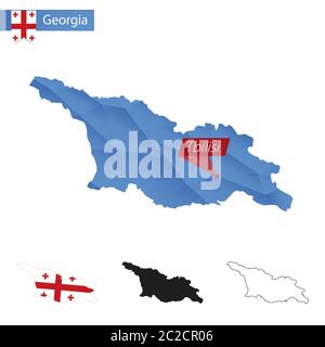 Carte de la Géorgie bleue Low Poly avec la capitale Tbilissi, versions avec drapeau, noir et contour. Illustration vectorielle. Illustration de Vecteur