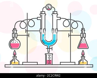 Composition de flacons chimiques, de tuyaux et d'un manomètre dans un laboratoire chimique Illustration de Vecteur