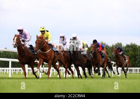 Une vue générale tandis que les coureurs et les cavaliers se transforment en maison tout droit pendant les piquets de Hampton court pendant le deuxième jour de Royal Ascot à l'hippodrome d'Ascot. Banque D'Images