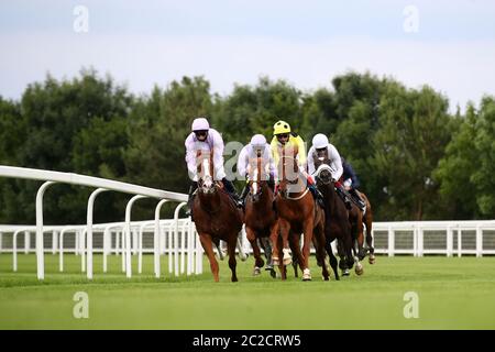 Une vue générale tandis que les coureurs et les cavaliers se transforment en maison tout droit pendant les piquets de Hampton court pendant le deuxième jour de Royal Ascot à l'hippodrome d'Ascot. Banque D'Images