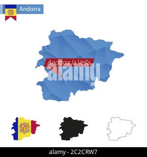 Carte de la ville d'Andorre bleu Basse Poly avec capitale Andorre-la-Vieille, versions avec drapeau, noir et contour. Illustration vectorielle. Illustration de Vecteur