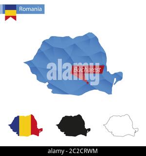 Carte bleu de la Roumanie à faible Poly avec la capitale Bucarest, quatre versions de la carte. Illustration vectorielle. Illustration de Vecteur