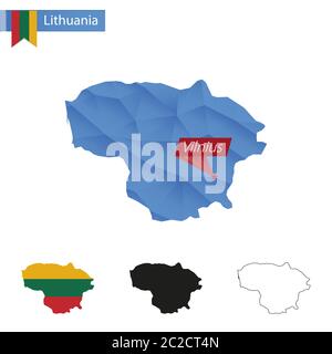 Carte bleu de Lituanie Low Poly avec capitale Vilnius, versions avec drapeau, noir et contour. Illustration vectorielle. Illustration de Vecteur