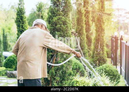 Un homme âgé en quarantaine porte un masque facial pour empêcher la propagation du virus Corona (Covid-19) arroser des plantes pour faire de l'exercice dans le jardin à la maison. Ne Banque D'Images