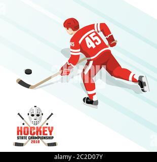 Joueur de hockey sur glace avec rondelle en uniforme rouge Illustration de Vecteur