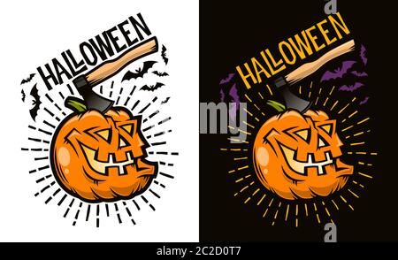 Halloween riant la citrouille avec une hache qui colle de ses tête Illustration de Vecteur