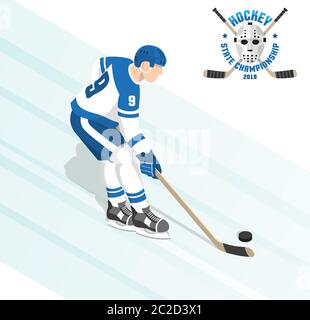 Joueur de hockey sur glace avec palet en uniforme bleu blanc pendant le jeu Illustration de Vecteur