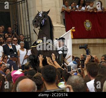 Les cavaliers de la Mare de Déu de Gràcia festival, Mahon/Mao, Minorque, Iles Baléares, Espagne. Banque D'Images