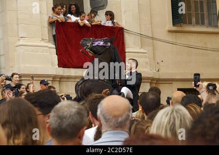 Les cavaliers de la Mare de Déu de Gràcia festival, Mahon/Mao, Minorque, Iles Baléares, Espagne. Banque D'Images